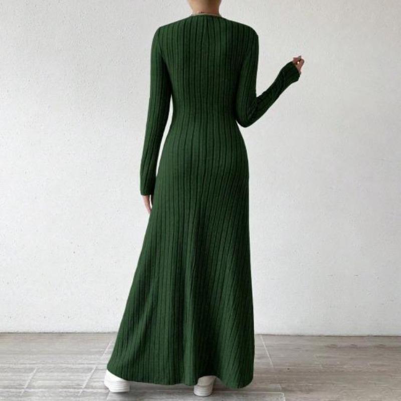 Damen Herbst Pulloverkleid Langarm V-Ausschnitt Rippstrick Maxikleid Tunika Winter A-Linie Langes Schwingkleid