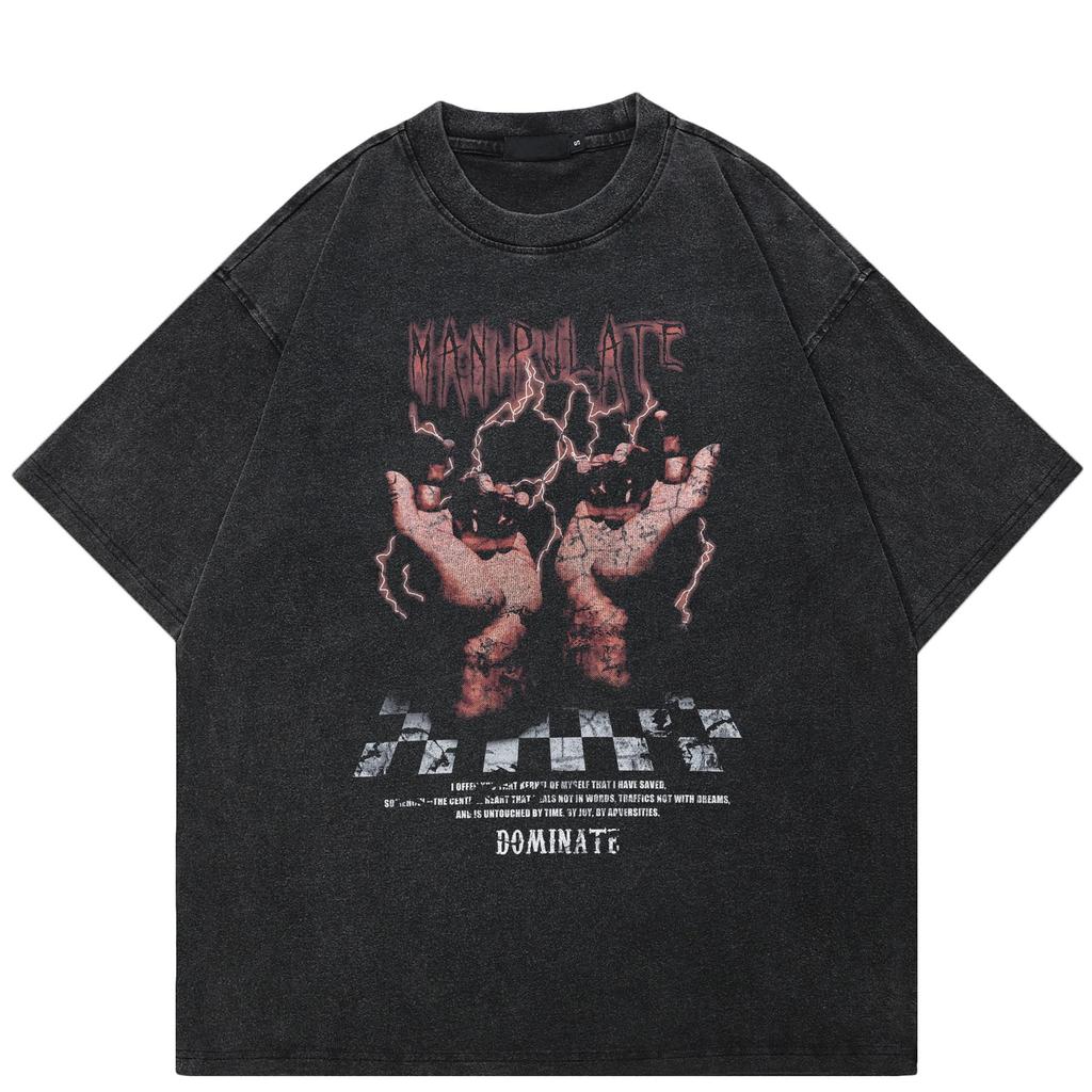 2024 Streetwear Power Hands Grafické Unisex tričko Bavlna Prané Černé tričko Unisex Topy Trička Léto Tričko s krátkým rukávem