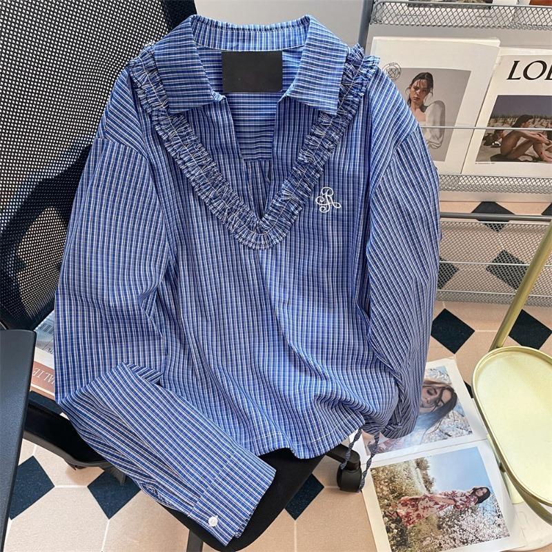 Lace Plaid Women's Shirt Blue Waist Cinched V-neck Slimming Blouse Spring Autumn Long Sleeved Woman Casual Trendy Top