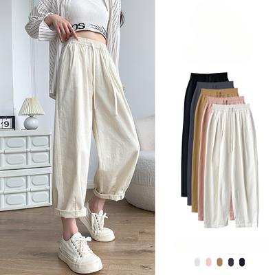 Pure Cotton Work Cargo Pants for Women High Waist Straight Harun Carrot Pants Solid Color Casual Wide Leg Pants