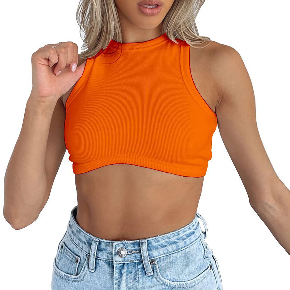 Dámský crop top bez rukávů z žebrovaného úpletu - Sexy styl s kulatým výstřihem