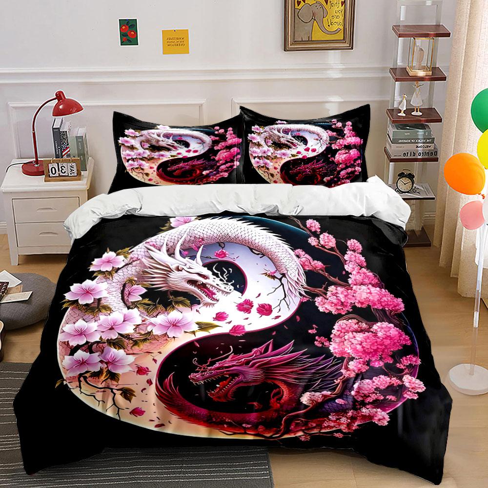 "Dragon Cherry Blossom Decor Set" Soft Skin-Friendly Bedding Set Includes 1 Duvet Cover And 2 Pillowcase, Gift