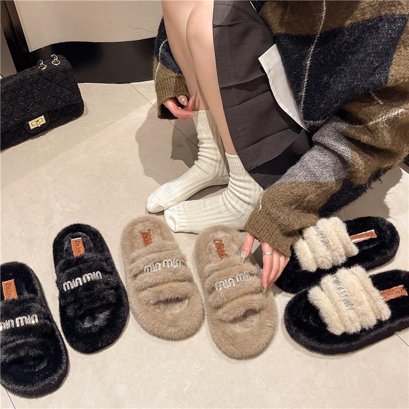 Stylish Casual Rhinestone Slippers Women's 2025 New Outer Wear One-word Fluffy Mop Autumn and Winter Wear Warm Thick-bottomed Cotton Mop