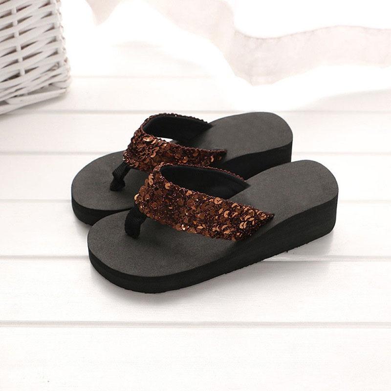 Sequins Summer Womens Antislip Sandals Girl Wedge Heels Slippers Flipflops Us
