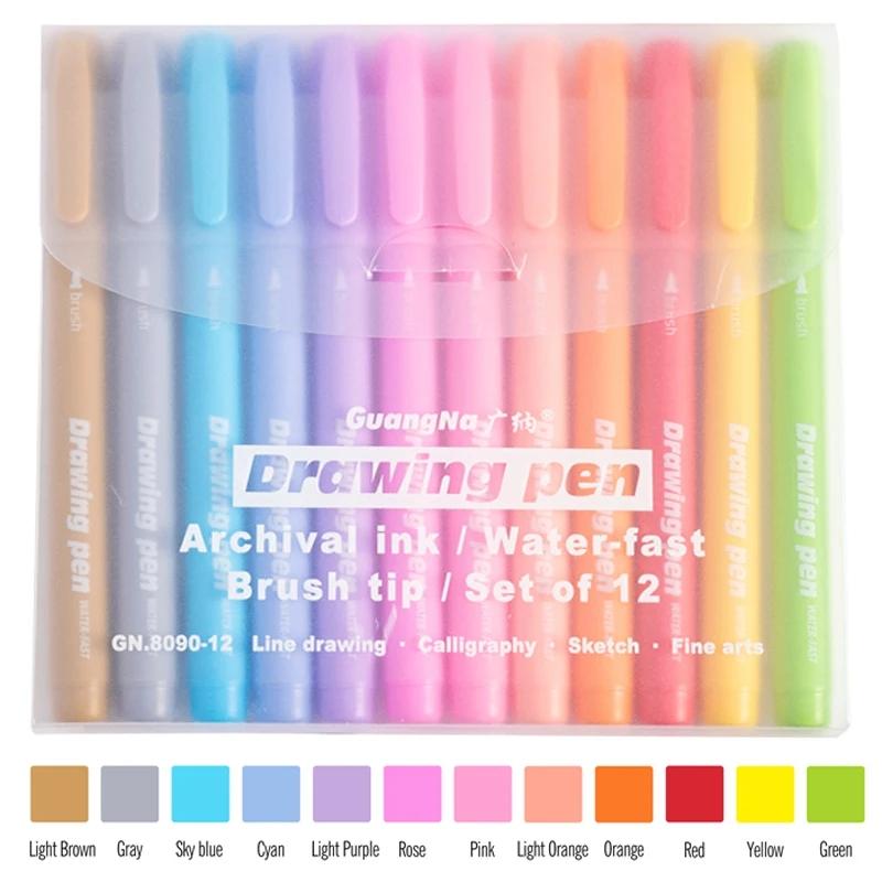 

Искусство Знак Кисть Ручка Маркер Фломастер Чернила на водной основе Цветные ручки 12 различных пастельных цветов для надписей, журналов, каллиграфии