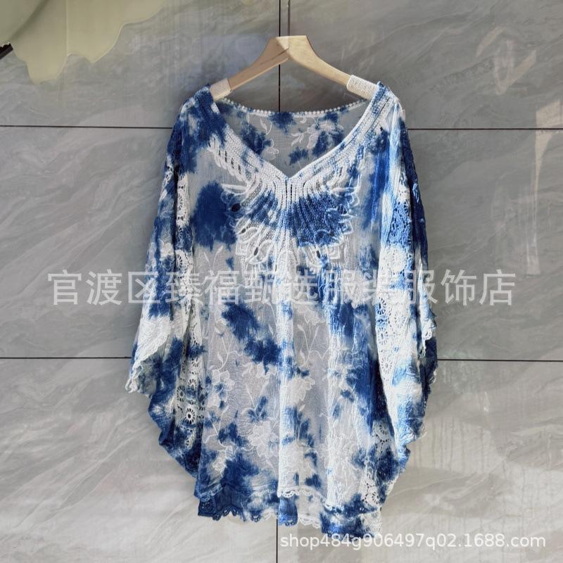 Indigo Batik V-ringning Broderad Fladdermusärm Större Storlek Strandklänning Topp