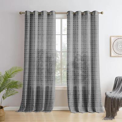 Door Sheer Curtains 7 Feet Long Set of 2 | Checkered Printed | Semi Transparent Curtain | Rod Pocket Curtain for Living Room | (118 X 215 Cm, Grey)