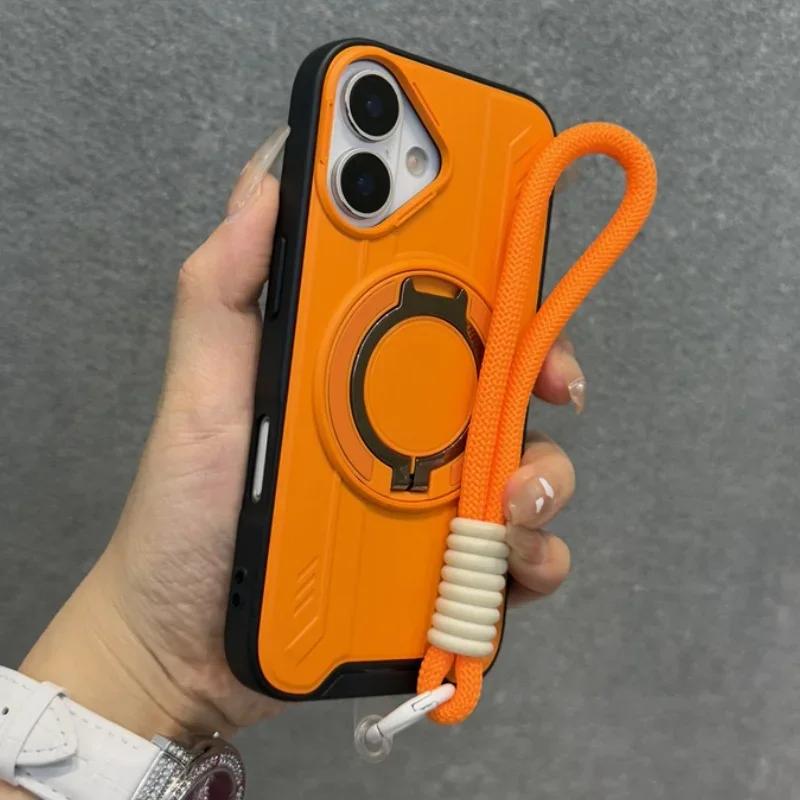 

New Armor For Magsafe Magnetic Ring Stand Phone Case For iPhone 16 15 14 13 12 11 Pro Max With Wrist Strap Cord Shockproof Cover For iphone 11Promax оранжевый