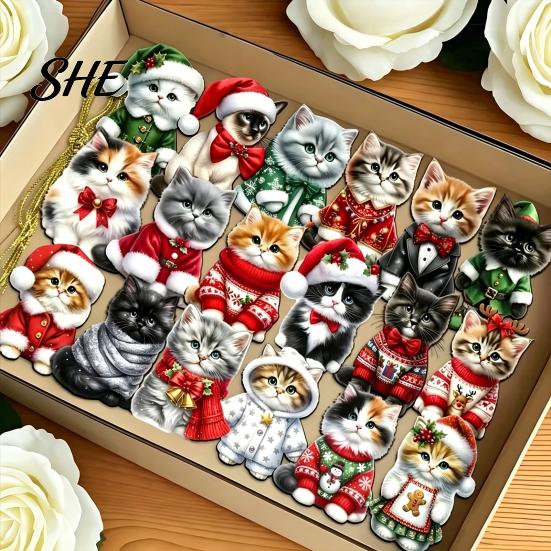 Christmas Gift Decorations Cute Cat Ornaments, 2D Wooden Cartoon Tree Hanging Decor for Winter Holiday Party Home Pendants Trees