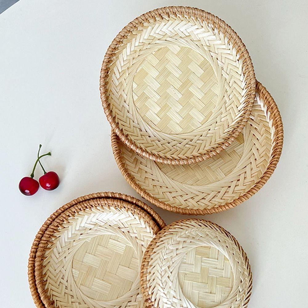 Bamboo Rattan Pastry Plate Round Fruit Basket Home Organizer Storage Basket  Dessert