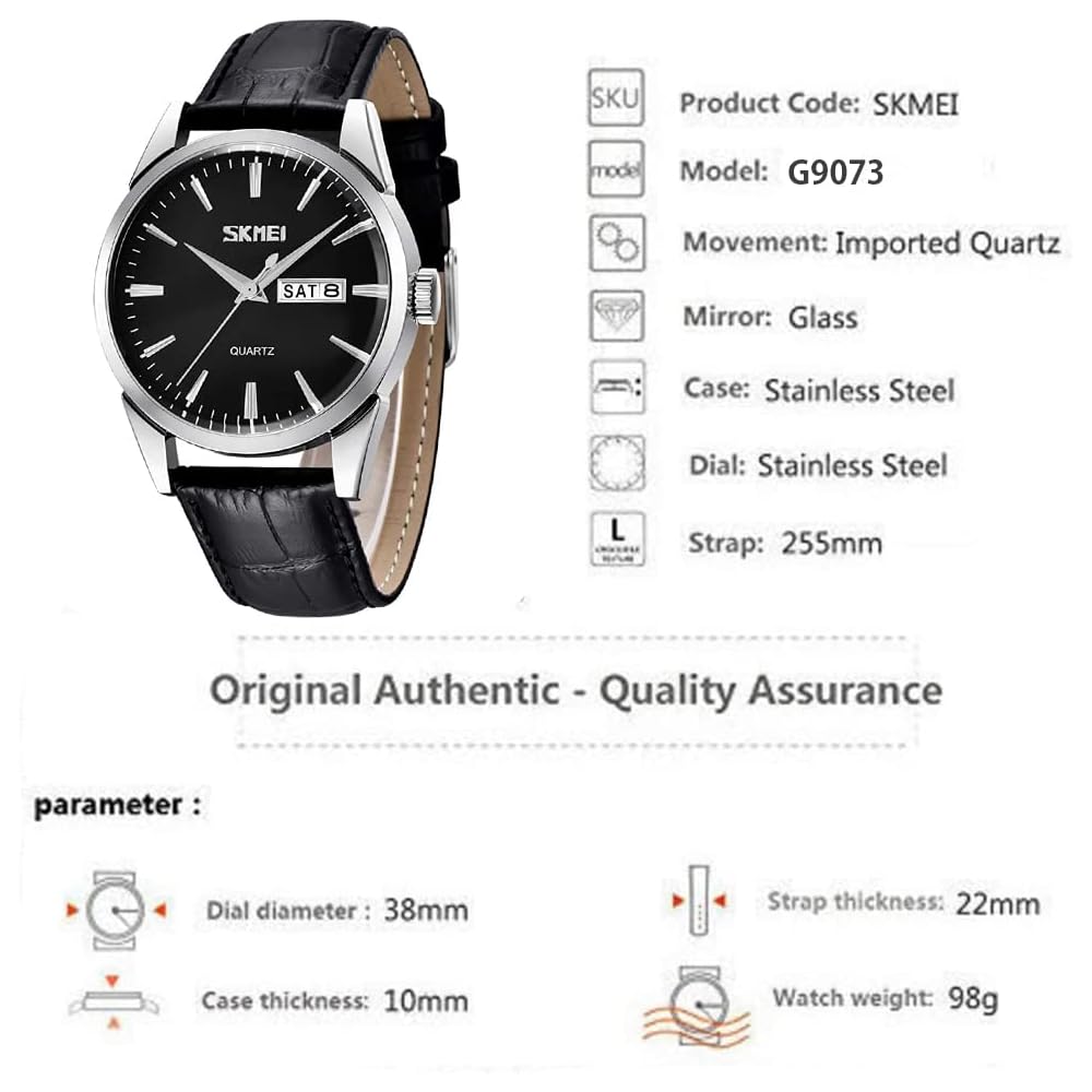Men's Classic Black Leather Strap Watch Waterproof Quartz Analog Casual Lightweight Date Day Display