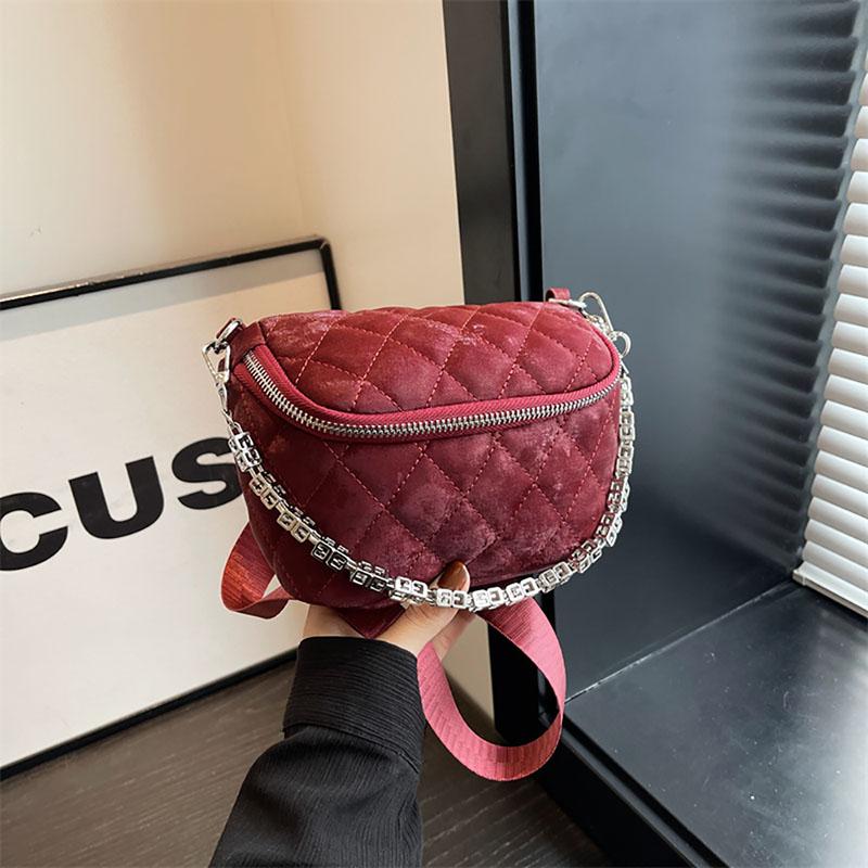 Korean Velvet Texture Fashion Chains Chest Pack Women  New Wide Strap Single Shoulder Bag Retro Light Luxury Crossbody Bag