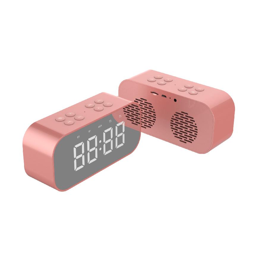 New LED Alarm Clock Bluetooth Wireless Speaker, Mini Mirror Screen Clock with Card Slot, Bass Sound, Ideal Gift Pink BT501
