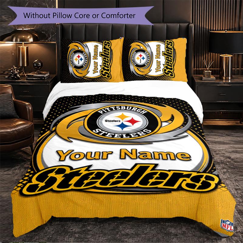 Pittsburgh Steelers Customized Name Text Bedding Set, 1 Duvet Cover & 2 Pillowcases Personalized Bedroom Gift