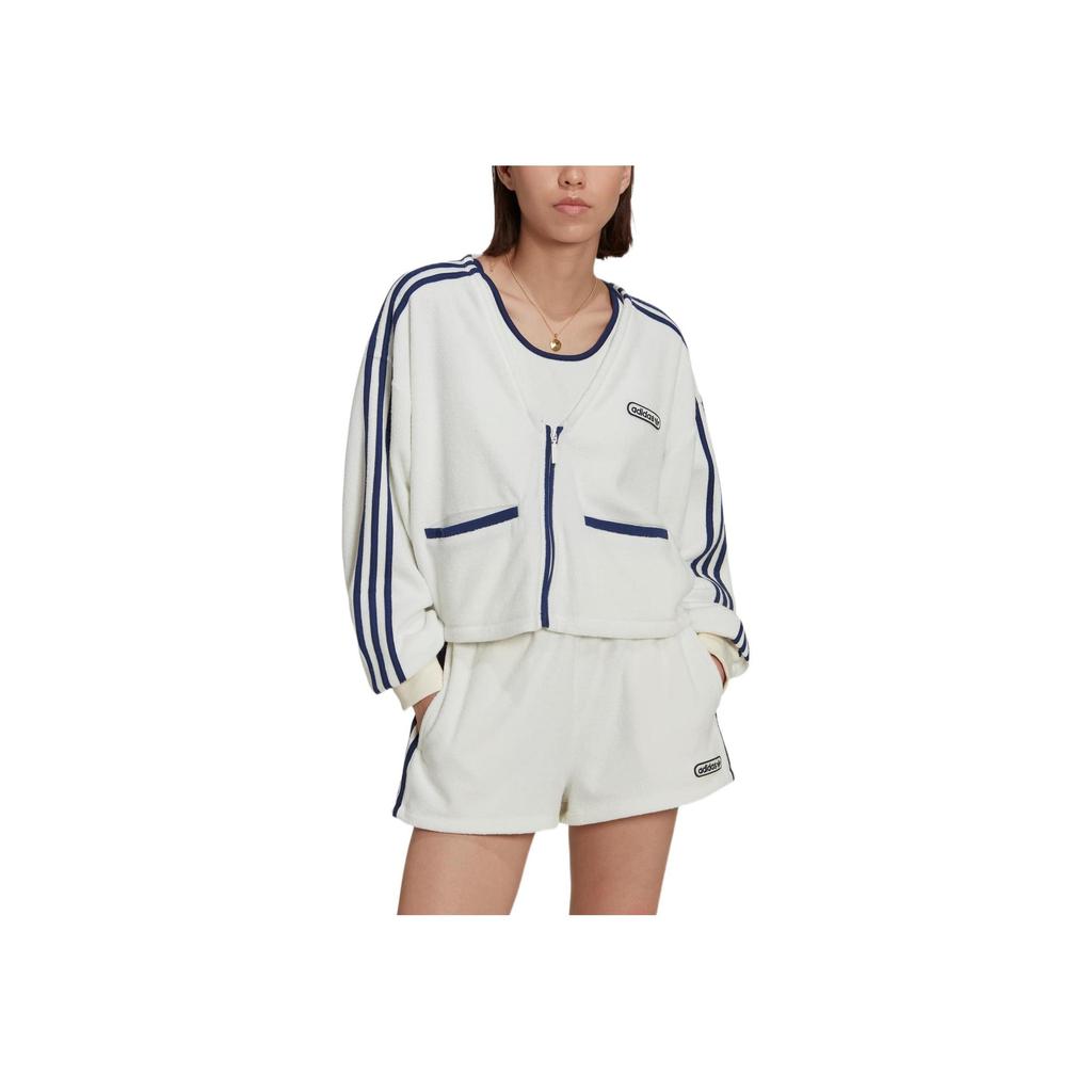 Adidas Originals – Einfarbiger Pullover mit V-Ausschnitt, Reißverschluss, Logo-Stickerei und drei Streifen Damen Oberteile Weiß HL6585