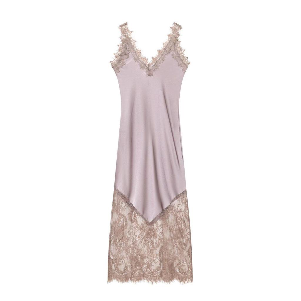 2026 Spring European Style Satin Dress with Eyelash Lace Trim