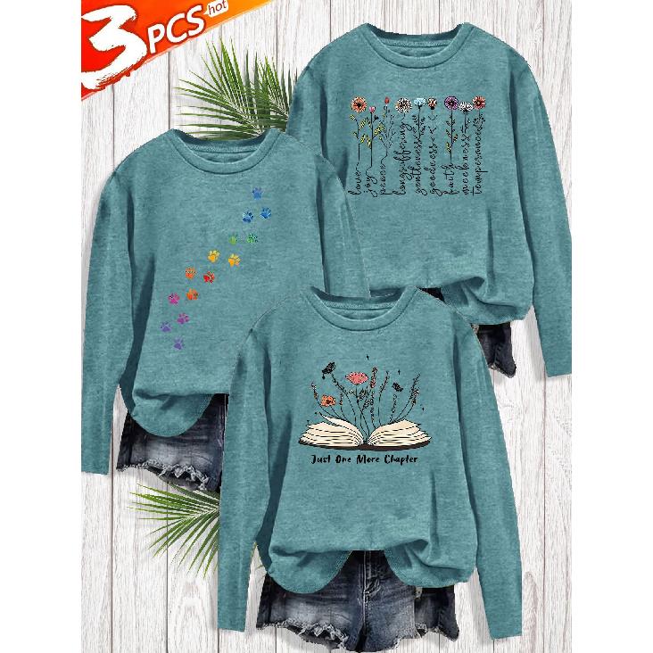 3Packaged footprints Flower Book print fashion retro style women's spring, summer, autumn, winter vintage sports style top with round neck and long