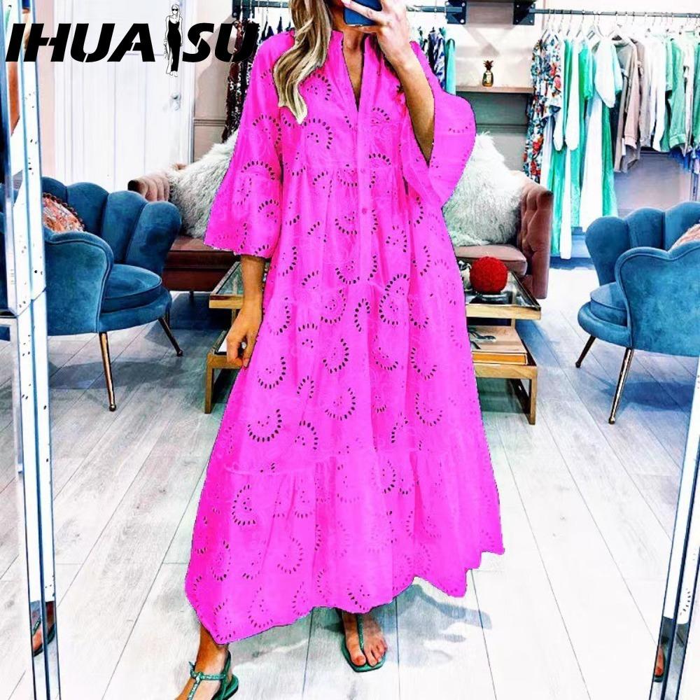 IHUASU 8 Colors S-5XL Women's Fashion Summer Spring Solid Color Print 3/4 Sleeve V-Neck Casual Dresses