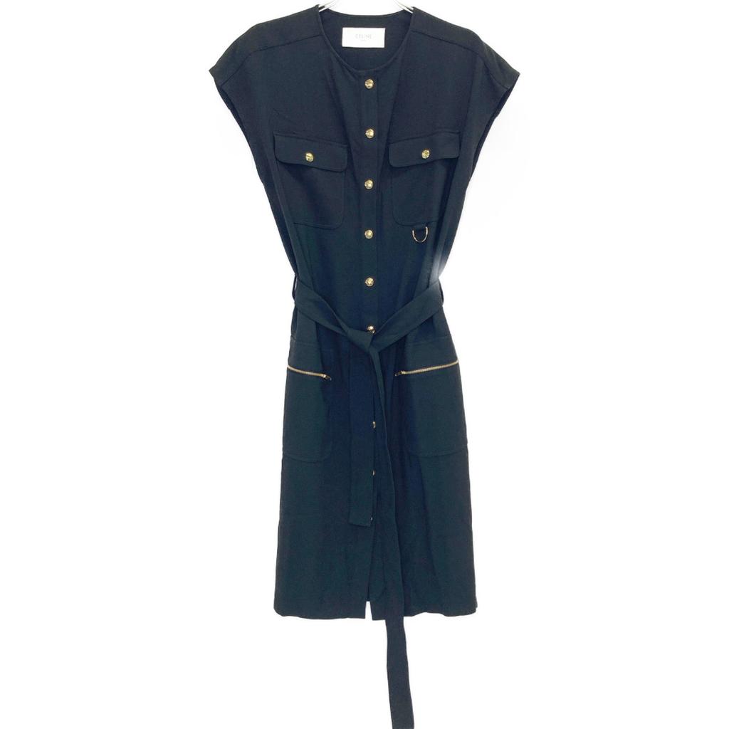 CELINE 2R59G865C Black Triomphe Belted Sleeveless Dress dress 36 blackUsed