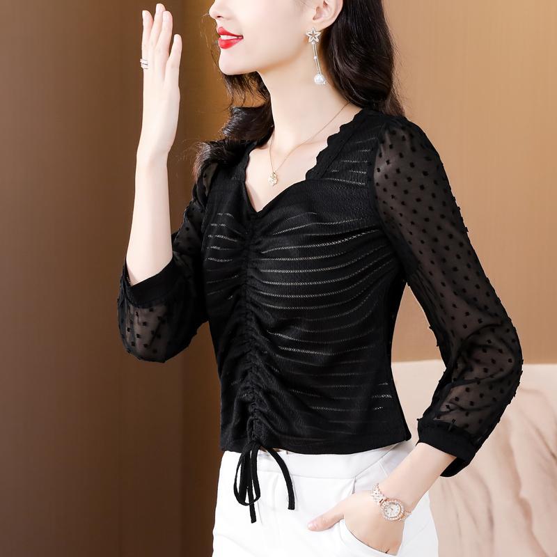 Korean Slim Shirring Drawstring Blouse Gauze Fashion V-Neck Spring Autumn New Commute Female Clothing Casual Long Sleeve Shirt