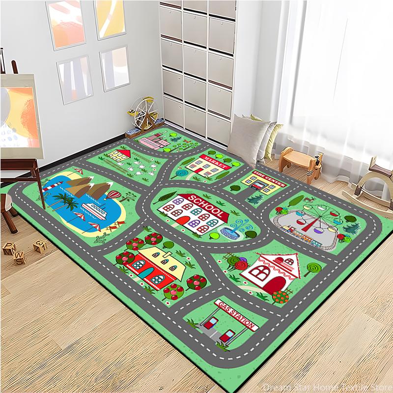 Kids Road Traffic Carpet Cartoon Car Toys Area Rug for Boys Girls City Life Educational Rugs Baby Room Bedroom Nursery Play Mat