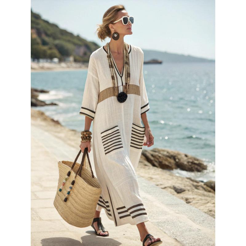 3D digital printing V-neck five-quarter sleeve long pocket Kaftan dress
