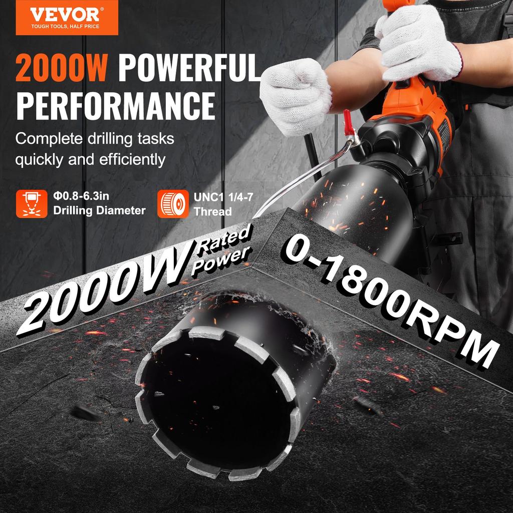 VEVOR Core Drill Machine 2.03-16 Cm Dia 2000W Handheld and Stand Core Drill Rig