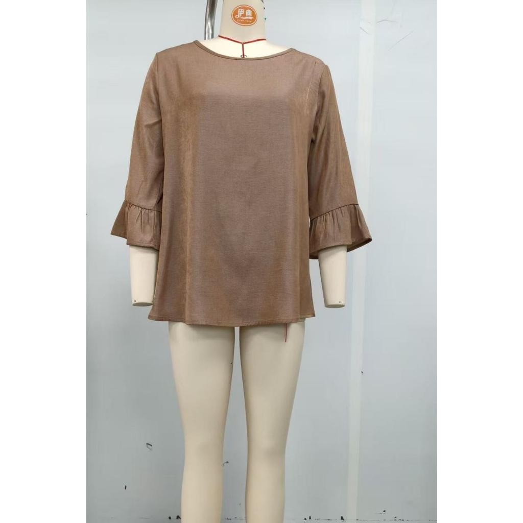 Spring Summer Casual Women's Crew Neck T-shirt Flounce Sleeve 3/4 Sleeve Top