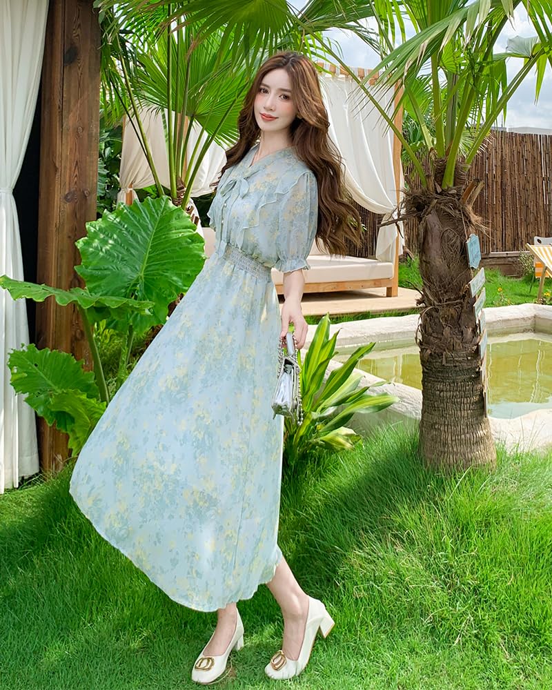 Oversized Floral Print Dress with Frills [Collecala] Women's V-Neck (Lined)
