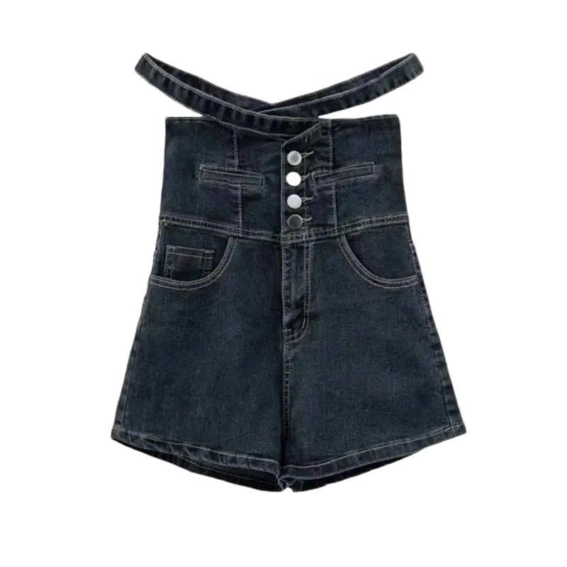 Women's Retro High-Waisted Denim Overalls - Sweet & Spicy Style, Versatile Wide-Leg, Slimming Shorts
