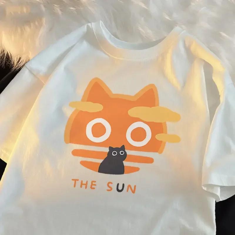 Korean Fashion Tees Summer Kawaii T-shirt Japanese Cartoon Cute Cat Short Sleeved Tshirt Pet Graphic Blouse Streetwear Clothes