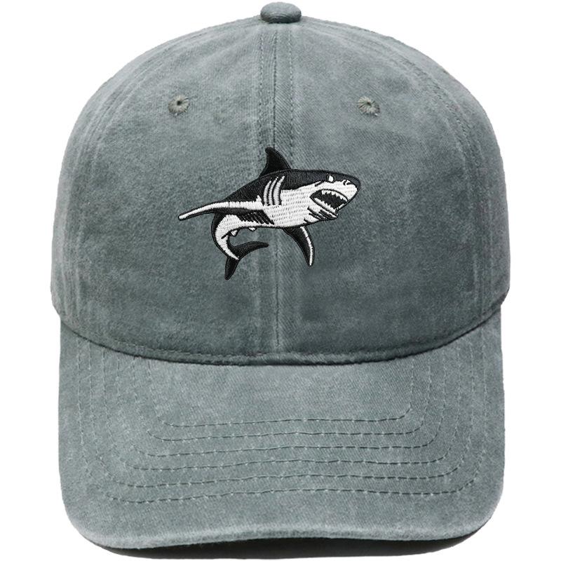 Big White Shark Embroidered Baseball Cap Washed Vintage Daddy Hat Marine Animal Men's and Women's Casual Sun Hat