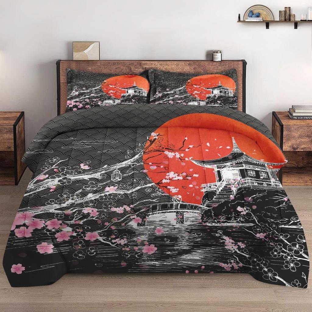 Japanese Cherry Blossom Soft 3 Pcs Bedding for Kids and Adults House Vintage Flower Comforter Set with Pillowcase for Room Decor