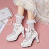 Scarpe con tacco alto da donna con cinturino incrociato Mary Jane Pumps per feste e matrimoni Cosplay Bianco Rosa Nero Fiocco di fragole Principessa Cosplay Lolita