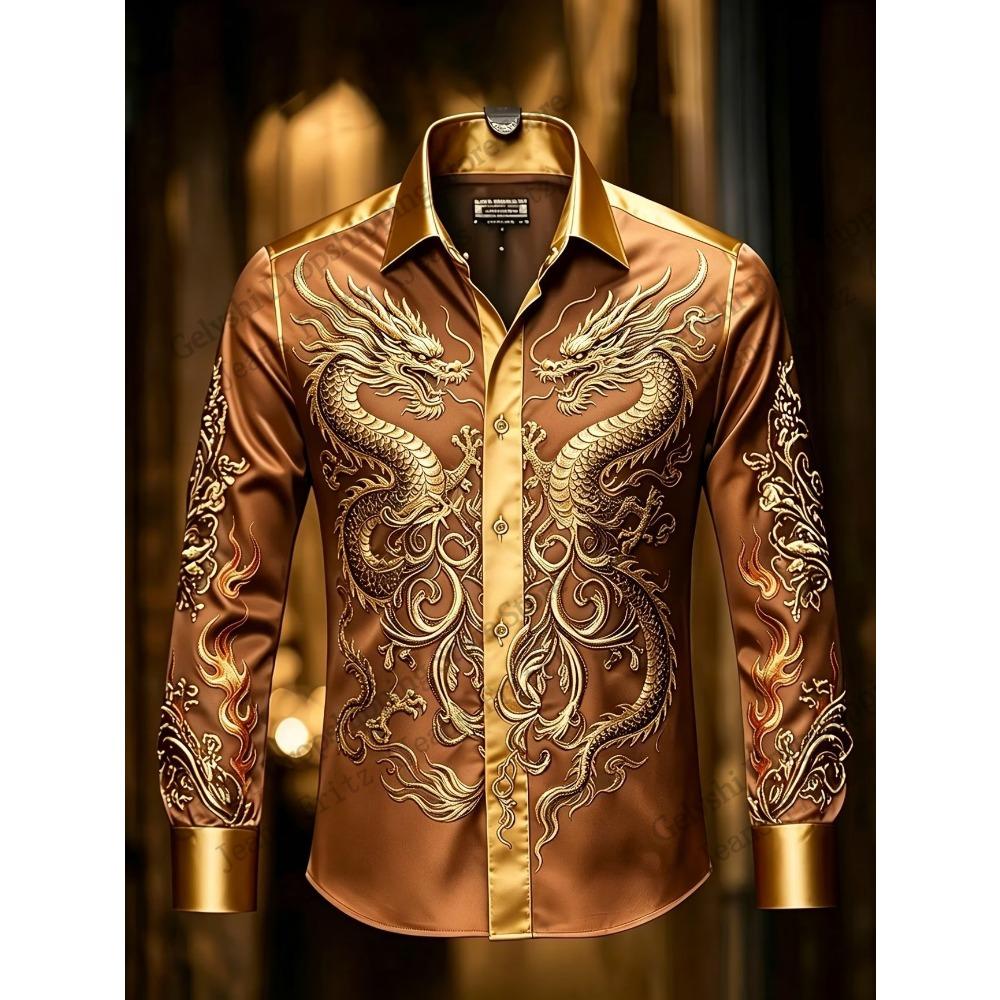 Long Sleeve Button Up Luxury Golden Shirt Chinese New Year Dragon 3d Print Hawaiian Shirt Men Women Fashion Eagle Design Blouse