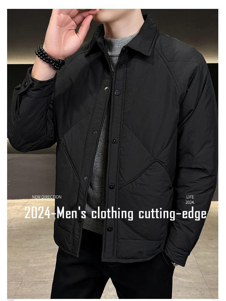 Men's Lightweight Korean Style Plaid Down Jacket with Turn-Down Collar