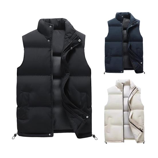 Men Cotton Vest Stand Collar Sleeveless Warm Elastic Hem Windproof Waistcoat Solid Color Zipper Buttons Placket Thickened Vest Coat with Pockets