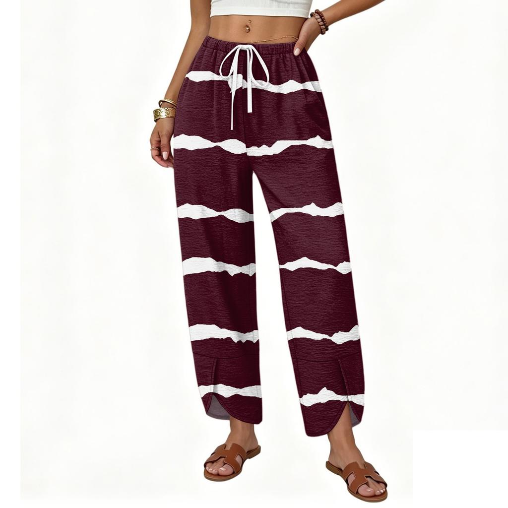 Women Casual Straight Leg Loose Fit Wide Leg Pants Button Detail Printed Pattern Drawstring Waistband Trousers