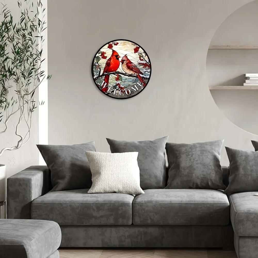 1pc, Cardinal and Holly Berry Welcome Wreath Sign, Winter Rustic Metal Tin Sign, Red Bird Decorative Stained Glass Wall Hanging