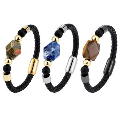 Trendy Cool Black Leather Rope Natural Stone Bracelet Contrasting Color Bead Decoration Niche Design Internet Famous Personalized Jewelry