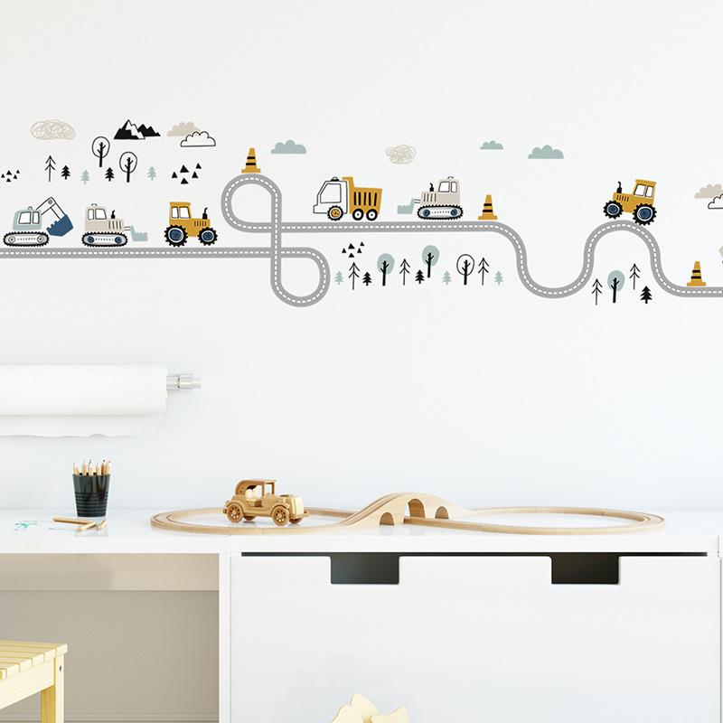 Cartoon Wall Stickers For Boys Room Decoration Traffic Track Cars Truck Tractor Bulldozer Wall Decals For Bedroom Nursery Room