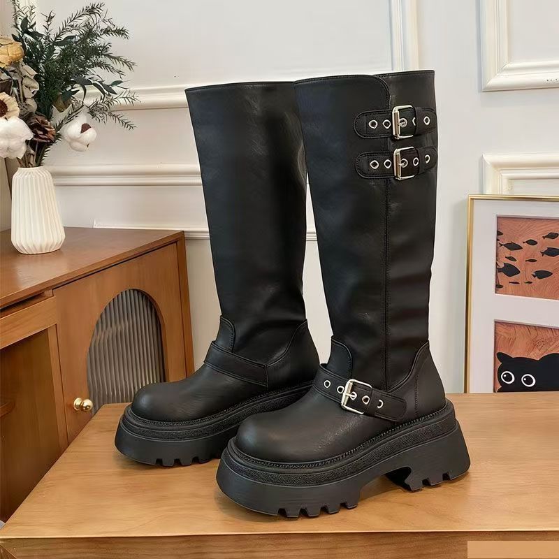 Internet Celebrity Explosion Belt Buckle High Boots Season Retro Style Comfortable Martin Boots Women