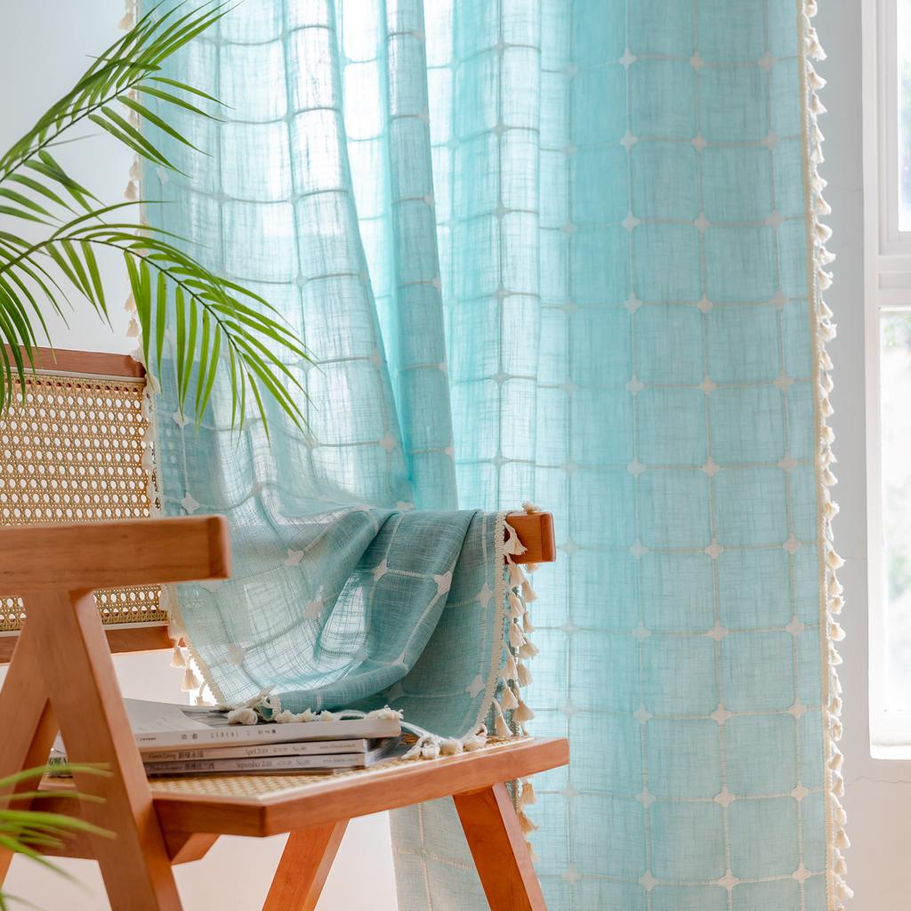 Cotton Linen Square Curtains Road Pocket Shade Curtain Tassel for Kitchen Bedroom Living Room Bay Window Cabinet Curtain