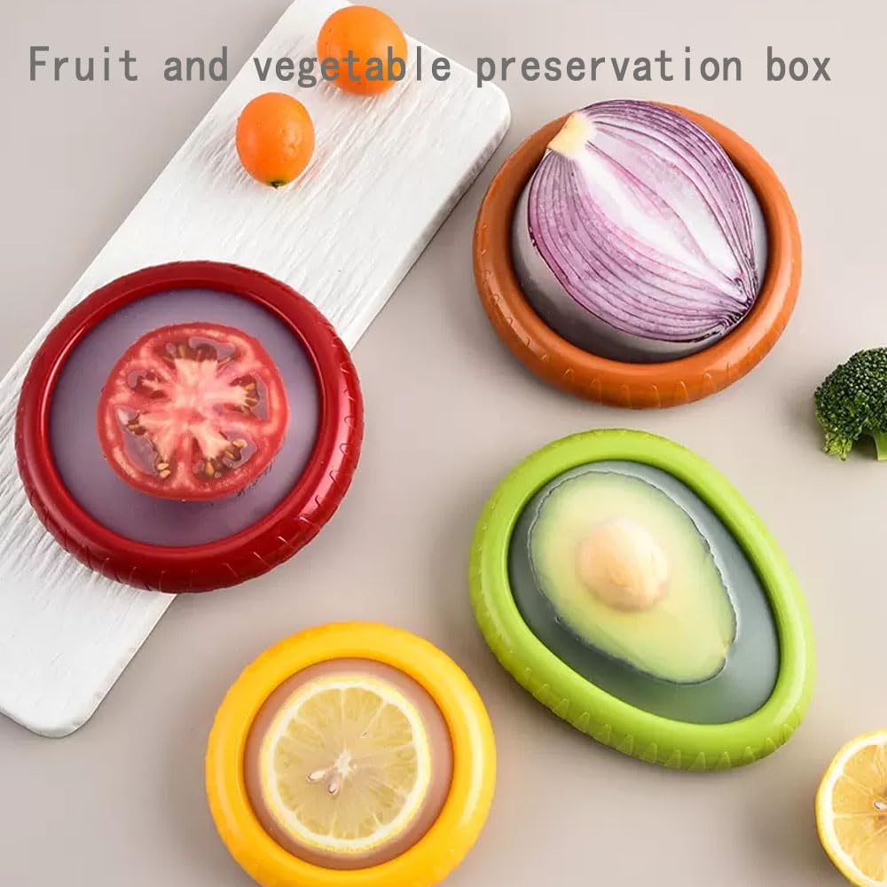 4PCs Silicone film cover+ABS Fruit and Vegetable Storage Containers Set for Fridge, Onion Storage Container, Avocado keeper,Tomato Saver,and Lemon