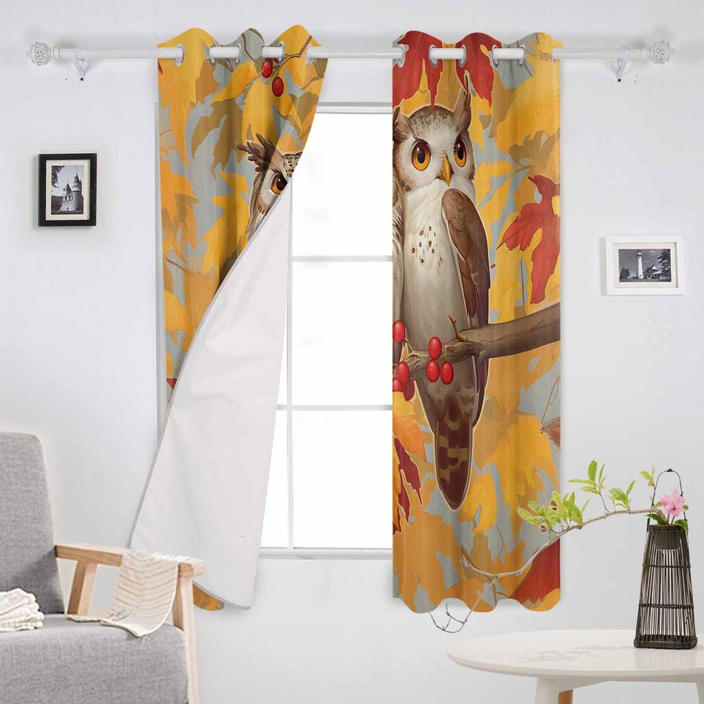 Autumn Yellow Maple Leaves Two Owls Branches Blackout Curtains For Living Room Bedroom Window Treatment Blinds Kitchen Drapes
