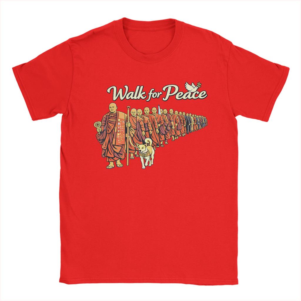 Retro Walk for Peace Monks with Aloka Dog Minimalist Zen Art TShirt Cotton T Shirts For Couple Tee Shirt ShortSleeve Top Tees