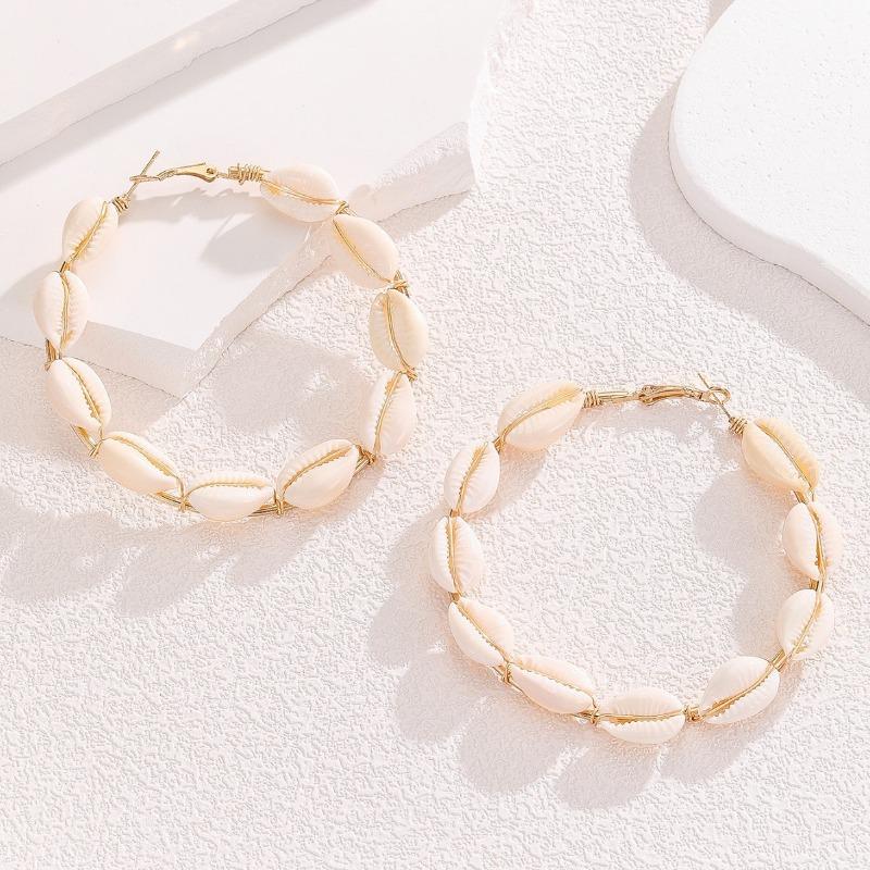 Exaggerated Handmade Woven Shell Large Circle Earrings For Women Summer Beach Vacation
