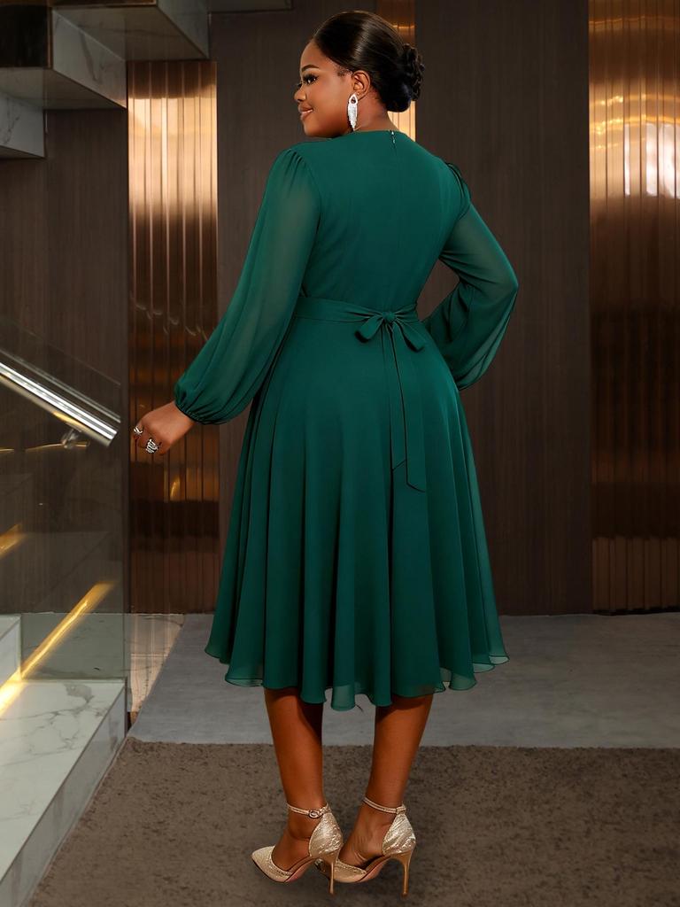 Plus Size Women's Elegant Floral Chiffon Gown with Ruffled Waist and Long Sleeves