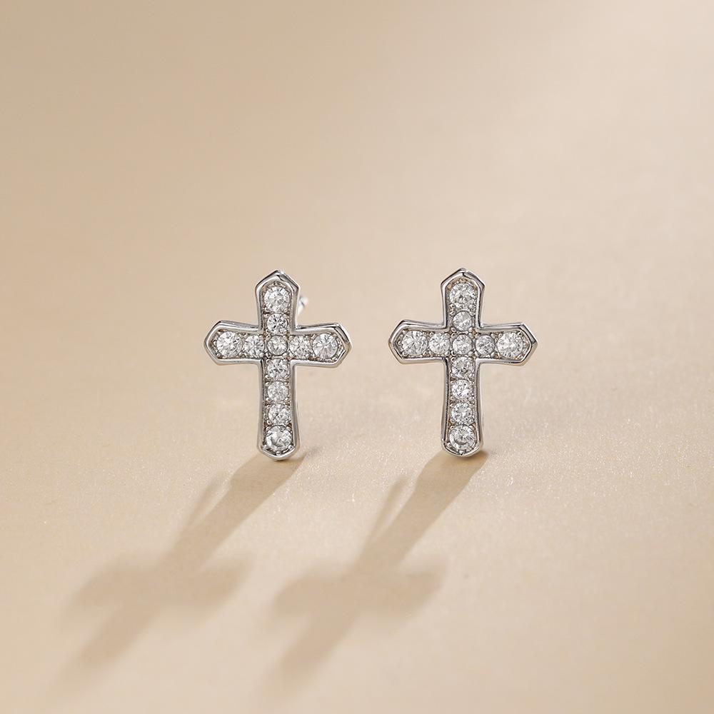 Silver Shiny Zircon Cross Stud Earrings for Women Men Punk Rock Earring Hiphop Ear Jewelry
