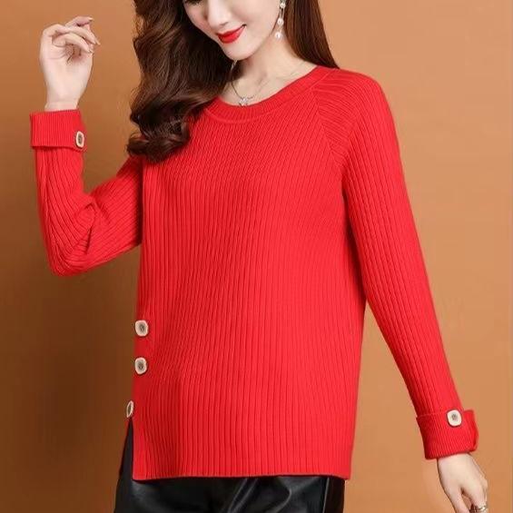 Fall/Winter Women's Crewneck Sweater Loose Slit Knitwear Pullover Solid Color Stretch Knit Top